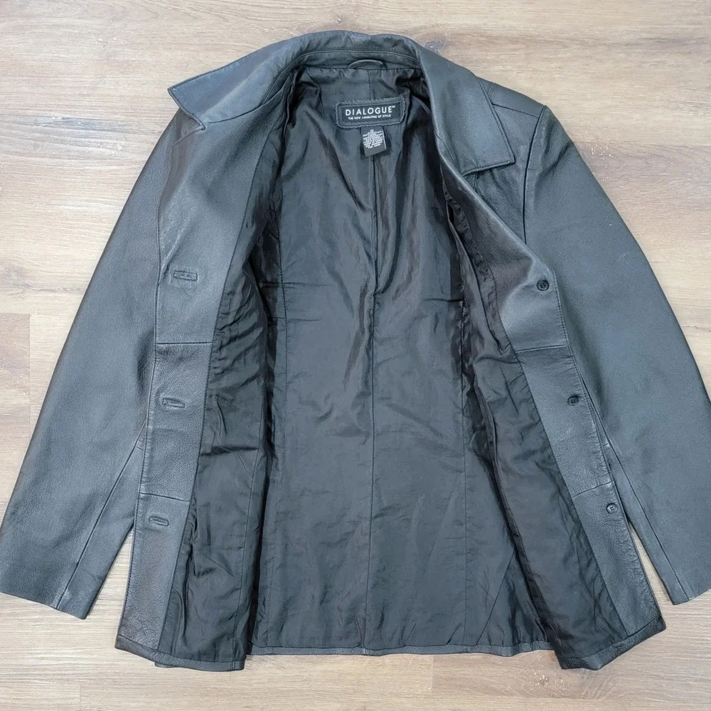 Dialogue Genuine Black Leather Jacket Coat Button Front Pockets Women's Sz Small
